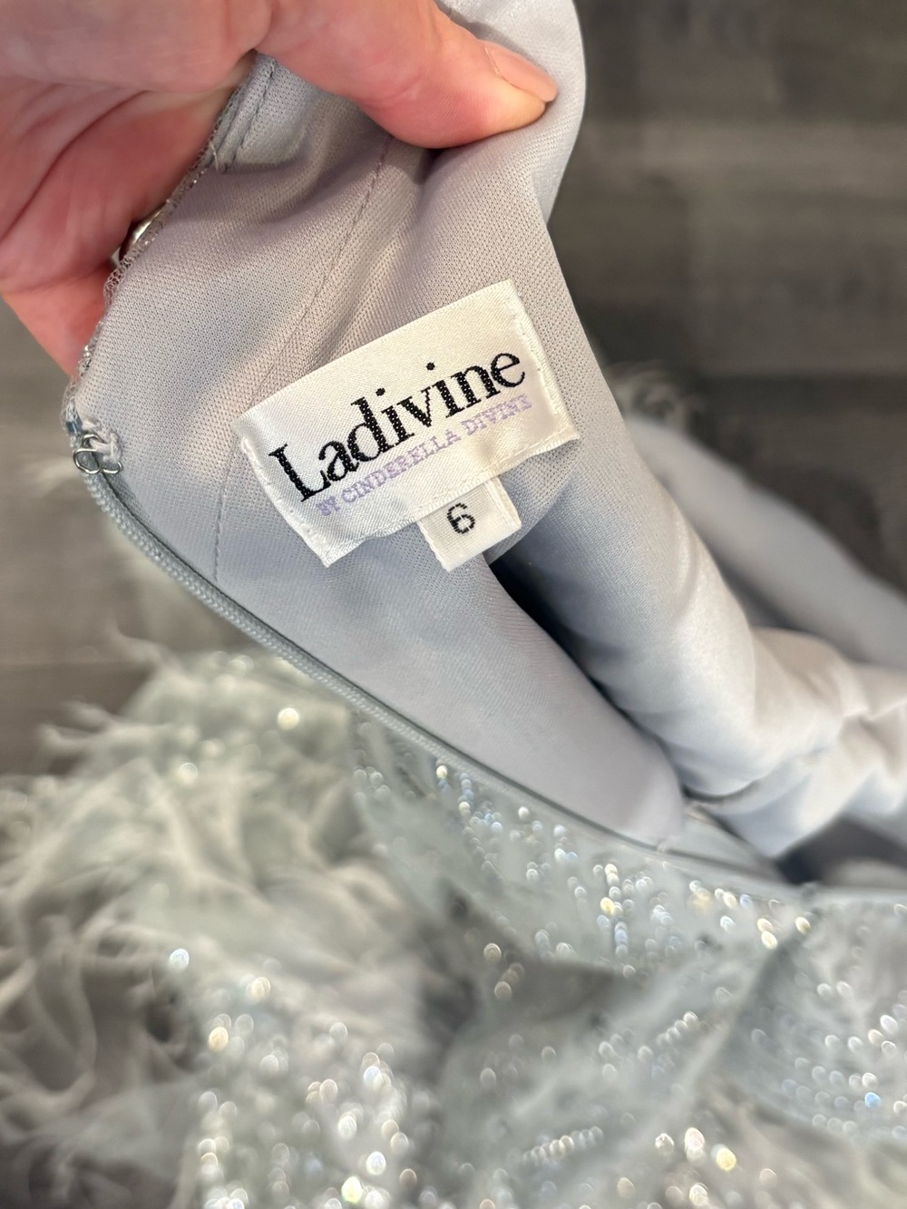 Silver Embellished Feather-Trim Gown - Picture 6 of 6